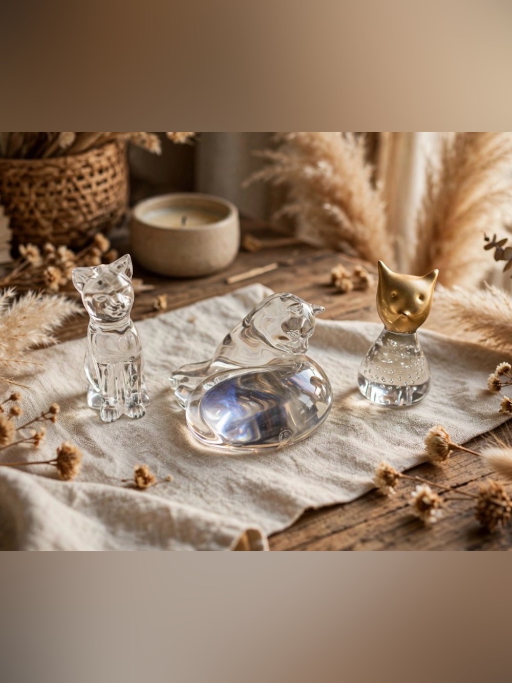 Lot of 3 Vintage Crystal & Glass Cat Figurines Clear & Gold Accents Art Glass